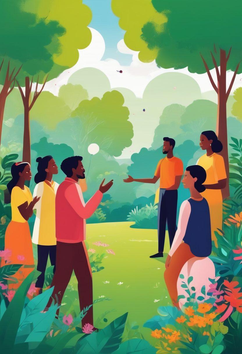 A vibrant illustration of a diverse group of people connecting and engaging in a lush green park, with a central figure reaching out to another while sharing ideas. Showcase elements like speech bubbles filled with symbols of communication, and colorful plants around them to signify growth and connection. Bright and welcoming atmosphere, inviting the viewer to feel involved. vector art. vibrant colors.