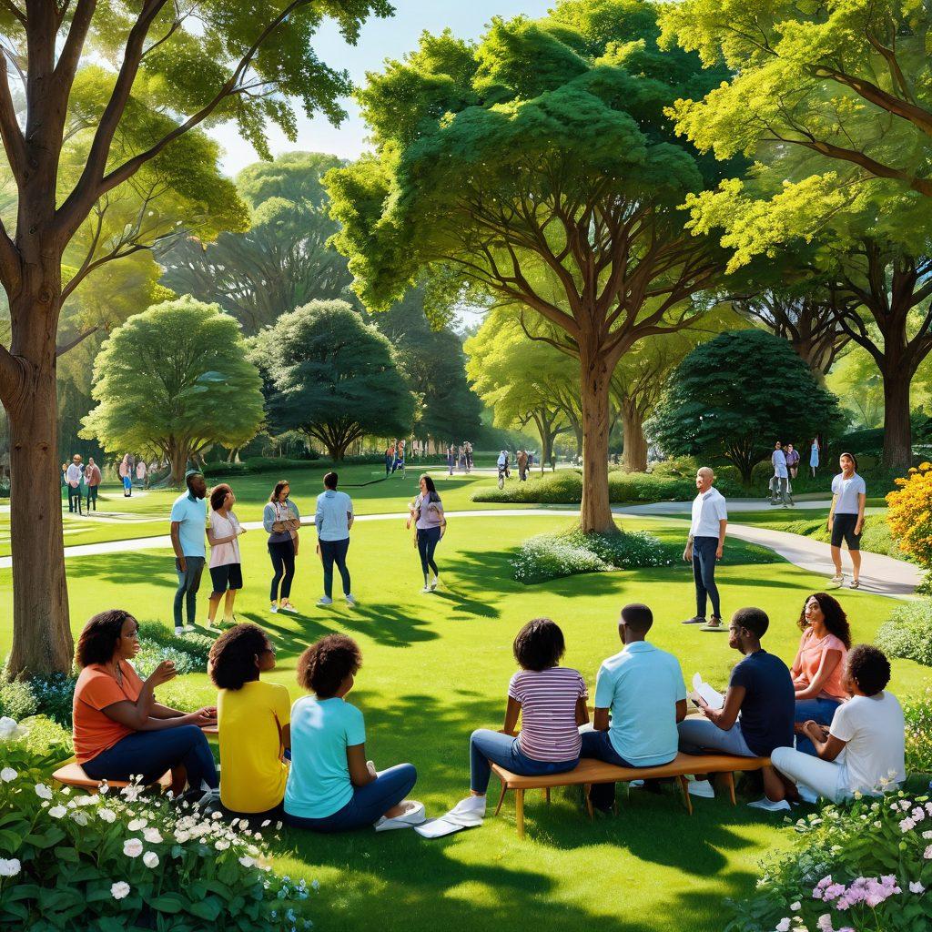 A vibrant scene depicting a group of diverse people engaged in animated conversation in a lush, green park. Include visual symbols representing communication, like speech bubbles and sound waves floating around them. The background should feature blooming flowers and trees, creating a warm, inviting atmosphere that symbolizes connection and interaction. Use bright, cheerful colors to convey positivity and engagement. super-realistic. vibrant colors.