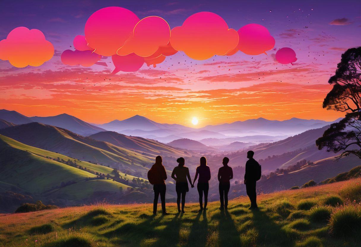 A stunning sunset over a diverse landscape representing communication, with silhouettes of diverse people connecting through speech bubbles. Flowing lines intertwine like a network, showcasing various forms of interaction such as phone calls, video chats, and face-to-face meetings. Lush greenery, rolling hills, and distant mountains framed by a vibrant sky. super-realistic. vibrant colors.